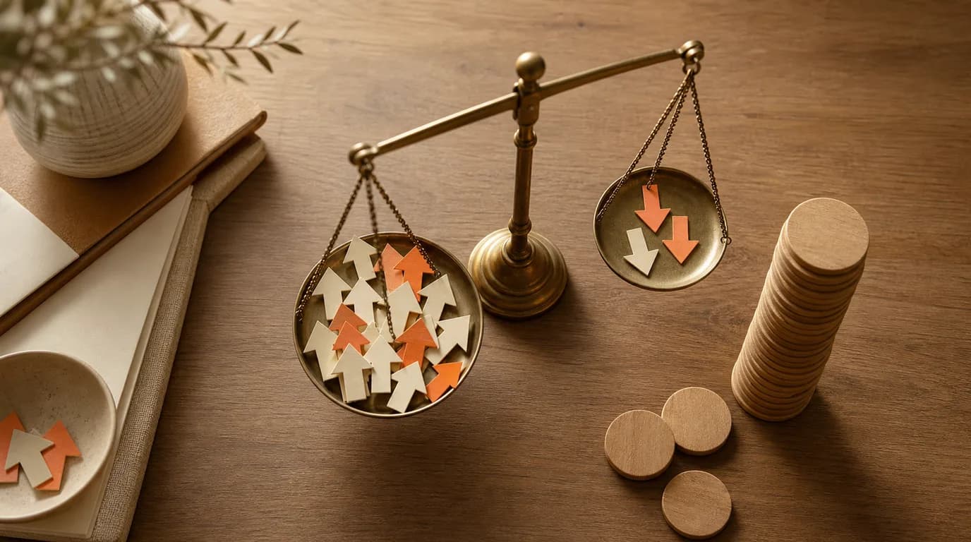 Overhead view of a walnut desk split into two halves: a single index card lit by a focused lamp on the left, and an identical card linked by orange threads and brass pins to a scattered cluster of smaller blank cards on the right.