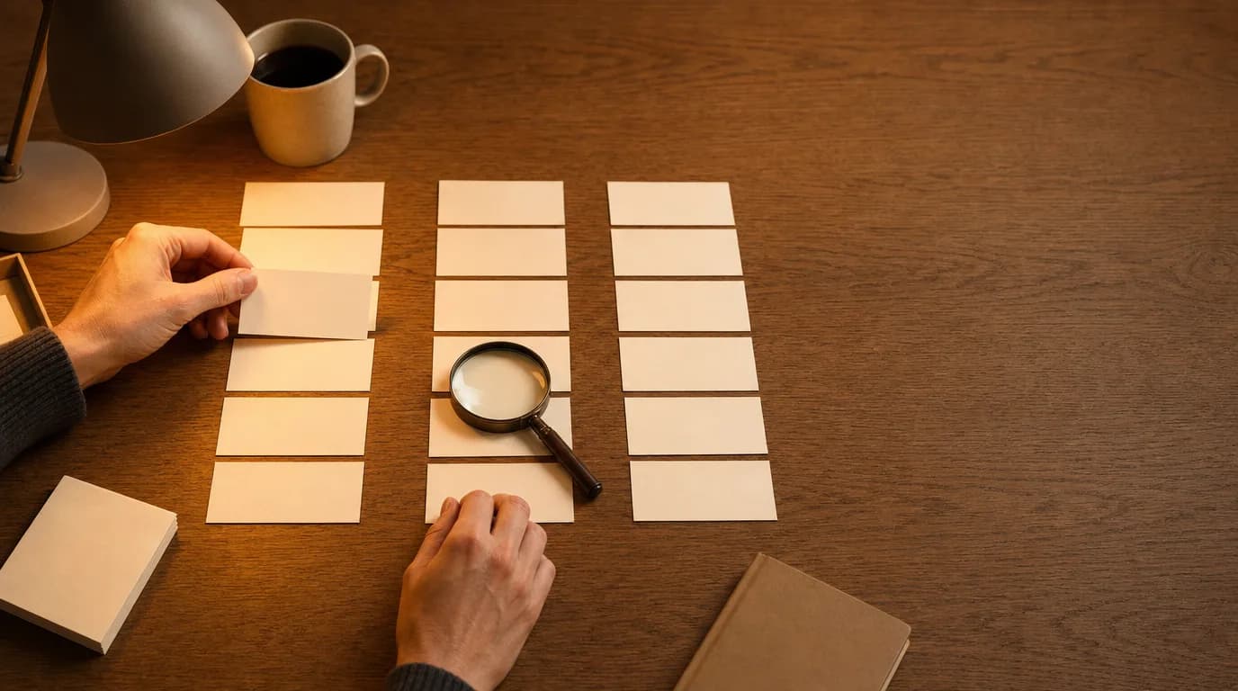 Hands sorting blank index cards into three columns on a warm wooden desk, a magnifying glass resting over one card under a soft desk lamp.
