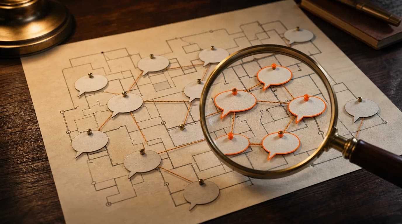 Overhead view of a dark walnut desk with a hand-drawn map of connected rooms on cream paper, a brass magnifying glass over one cluster, and paper speech-bubble cutouts linked by amber thread, some bright and most faded.