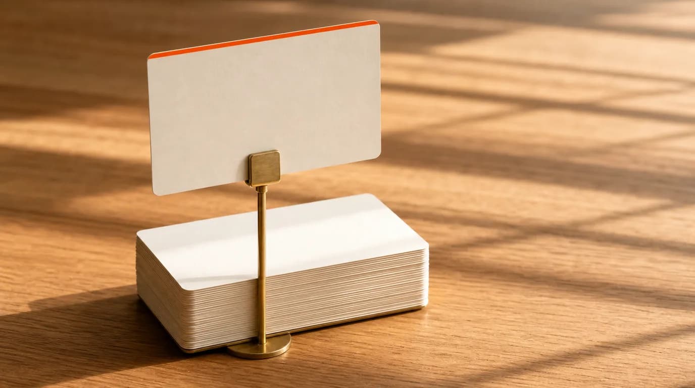 A single cream index card raised on a small brass stand above a stack of blank cards on an oak desk, the raised card rimmed with orange, lit by soft morning light.