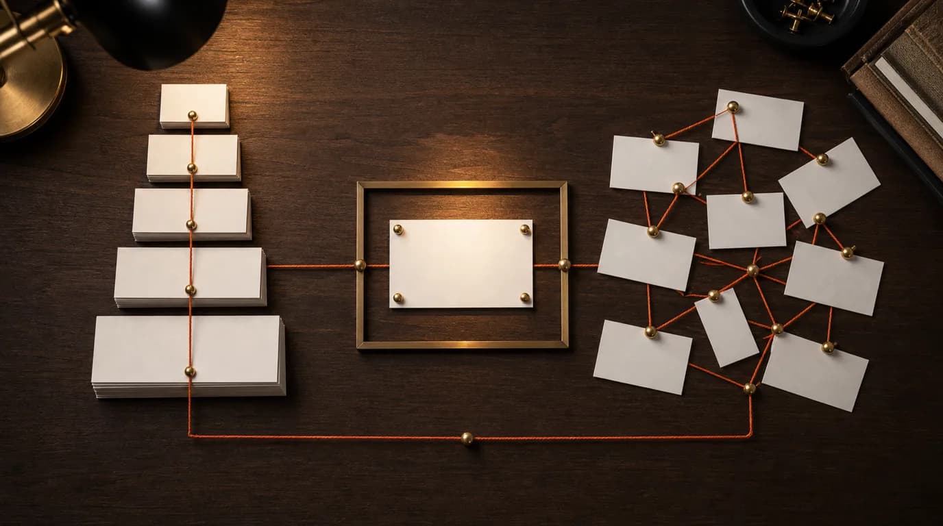 Overhead view of a dark walnut desk split into three connected zones: an ascending ladder of stacked paper cards on the left, a single spotlit index card in a brass frame in the center, and a scattered cluster of pinned blank cards linked by orange threads on the right.