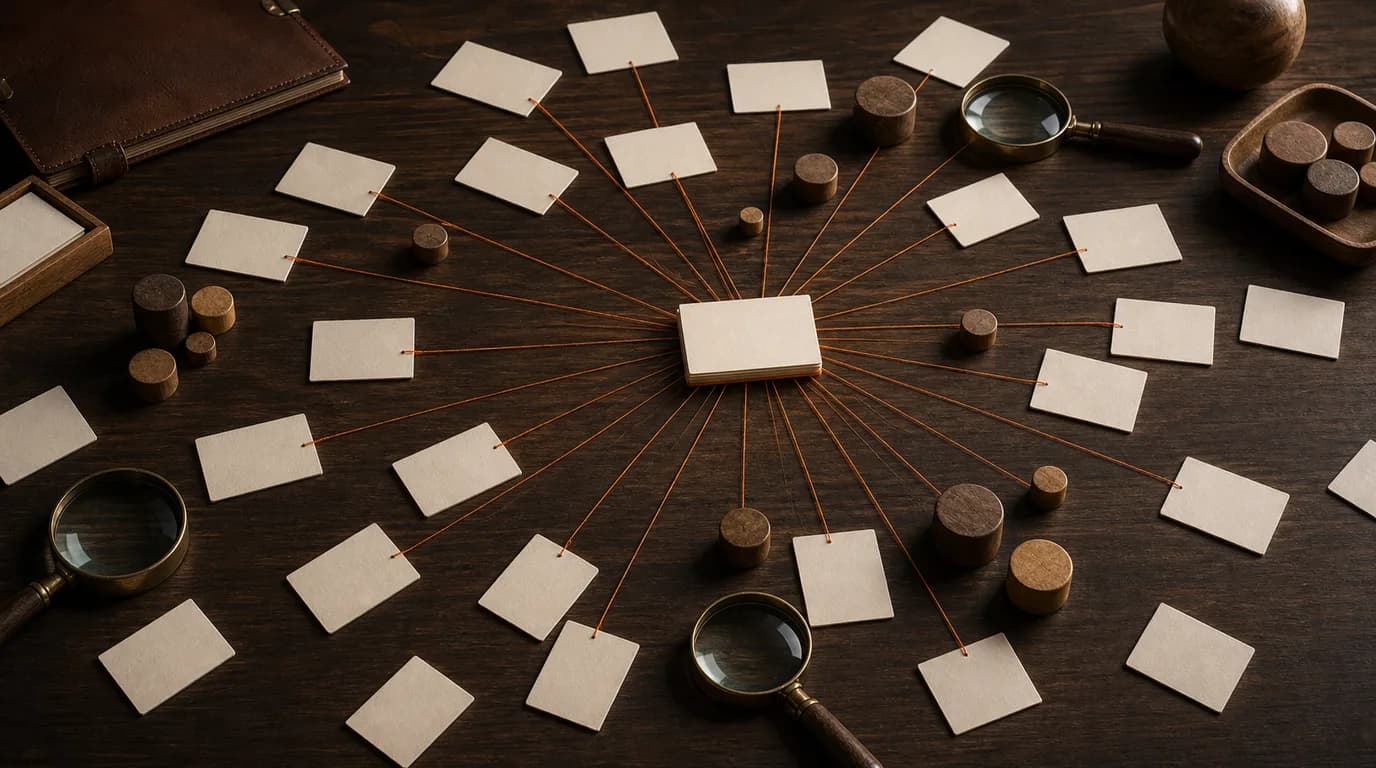 Overhead view of scattered blank index cards on a dark walnut desk with thin amber threads converging from many cards toward one raised card at the center under a warm spotlight, with magnifying glasses and wooden tokens nearby.
