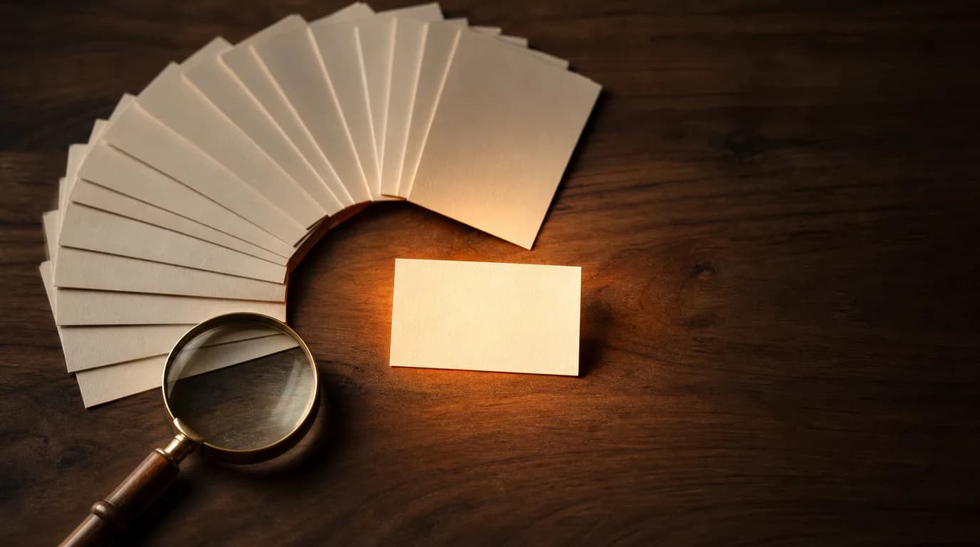 Overhead view of a warm walnut desk with a fanned arc of blank cream cards converging on one card lifted under a focused spotlight, a brass magnifying glass resting nearby.
