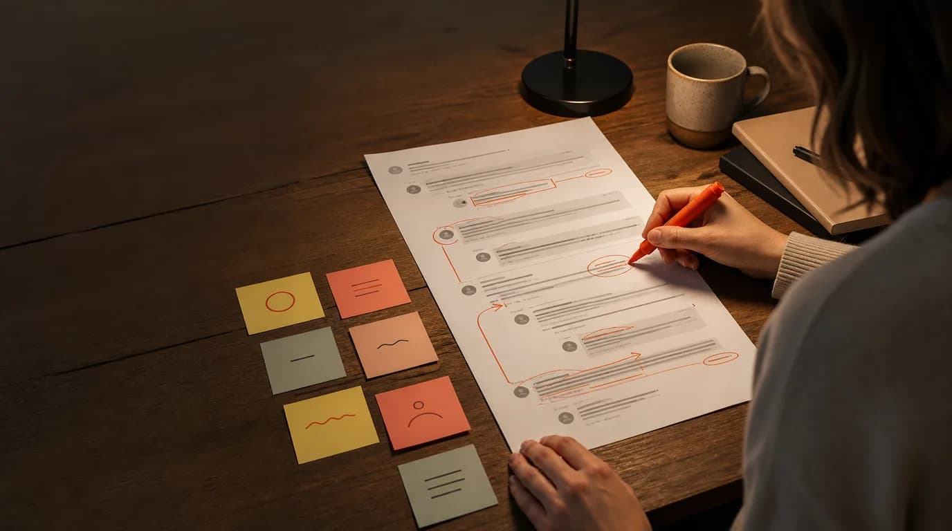 A person at a desk annotating a printed document with a red marker, sticky notes with handwritten labels arranged nearby under warm lamp light.