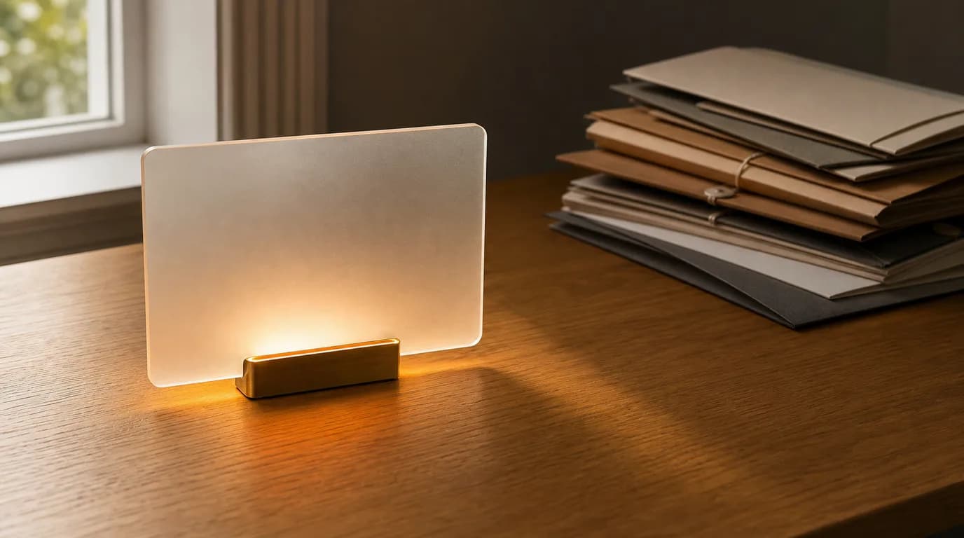 A single frosted-glass card standing on a brass stand atop an oak desk, softly lit, with a fanned stack of closed folders and sealed envelopes left untouched in the blurred background.